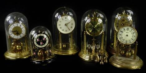 Six anniversary type clocks, various makers to include Kunde etc. (AF) Provenance: This timepiece formed part of Luke Jerram's installation Harrison's Garden, at The Ropewalk Gallery, Barton Upon Humber 2019.