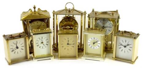 A quantity of brass and brass effect battery operated carriage clocks, to include Minister, Swiza and three anniversary clocks. (8) Provenance: This timepiece formed part of Luke Jerram's installation Harrison's Garden, at The Ropewalk Gallery, Barton Upo