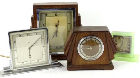 Four various Art Deco timepieces, to include an oak cased example with chrome fittings, 24cm H, a glass cased example, 12cm H etc. Provenance: This timepiece formed part of Luke Jerram's installation Harrison's Garden, at The Ropewalk Gallery, Barton Upon