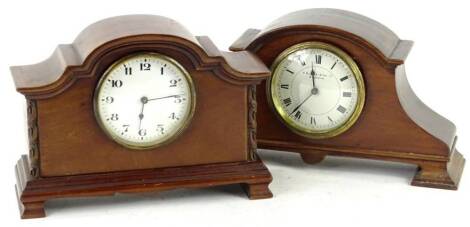 Two Edwardian mahogany timepieces, each with a French dial and movement, one indistinctly stamped Birmingham, 16cm & 17cm H respectively. Provenance: This timepiece formed part of Luke Jerram's installation Harrison's Garden, at The Ropewalk Gallery, Bart