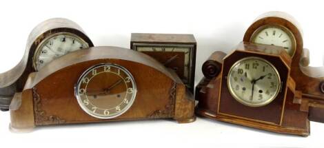 Various mantel clocks, to include a late 19thC walnut example with enamel dial, Roman numerals (AF), 49cm W. Provenance: This timepiece formed part of Luke Jerram's installation Harrison's Garden, at The Ropewalk Gallery, Barton Upon Humber 2019.