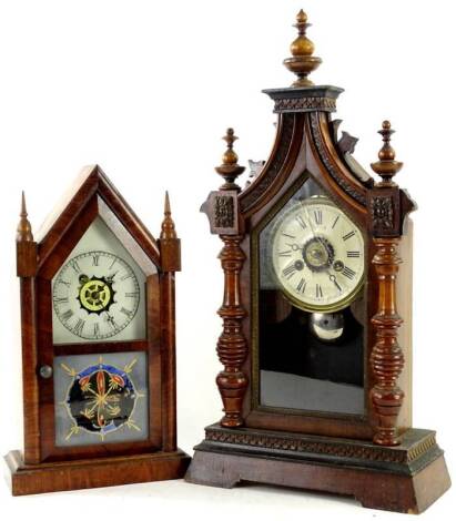 Two American mantel clocks, each with turned finials, painted dial, 56cm & 38cm H respectively. Provenance: This timepiece formed part of Luke Jerram's installation Harrison's Garden, at The Ropewalk Gallery, Barton Upon Humber 2019.