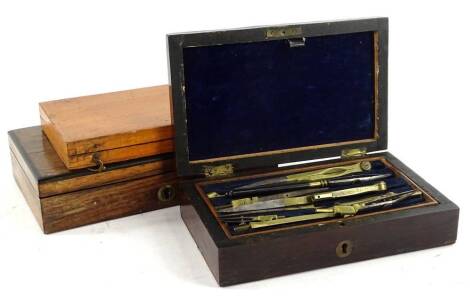 Three partial sets of drawing instruments, brass and some steel etc.