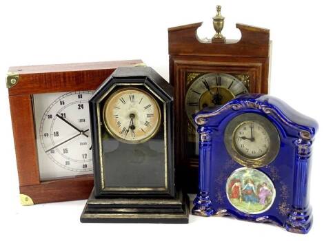 Various mantel clocks, to include an American example with ebonised case, a German wall clock, ceramic clock etc. (4)