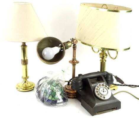 Various collectors items, to include a Tiffany style novelty tortoise table lamp, copper and brass desk lamp, telephone etc.