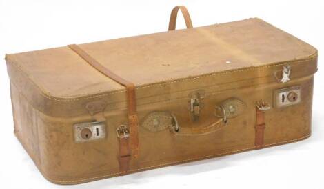 A 20thC brown leather travelling case, with plated mounts and leather straps. (AF)