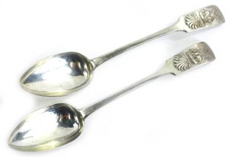 A pair of Continental silver plated fiddle pattern spoons, cast with shells, two masted sailing ship etc. and with inscription to the stem.