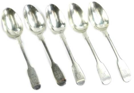 A set of five Victorian silver fiddle pattern dessert spoons, engraved with a crest, London 1852, makers stamp HH, possibly for Henry Holland, 9oz.