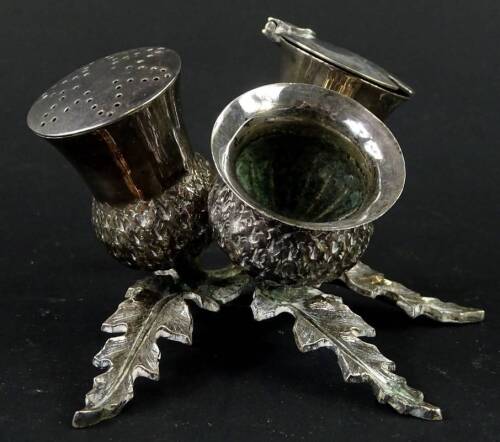 An unusual silver plated triple thistle shaped cruet, stamped Hamilton and Inches, 12cm W.
