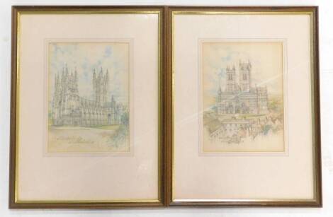 W.E. Welch. Lincoln Cathedral and Canterbury Cathedral, watercolours, a pair, 29cm x 21cm.