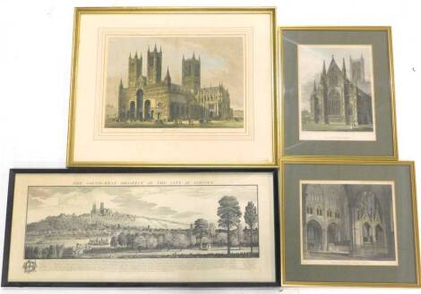 Various 19thC and later coloured monochrome engravings, relating to Lincoln, Lincoln Cathedral, etc.