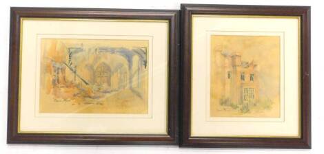 L. Porter. Bayons Manor, exterior ruin and interior views, watercolours, 29cm x 26cm and 20cm x 17cm. (2)