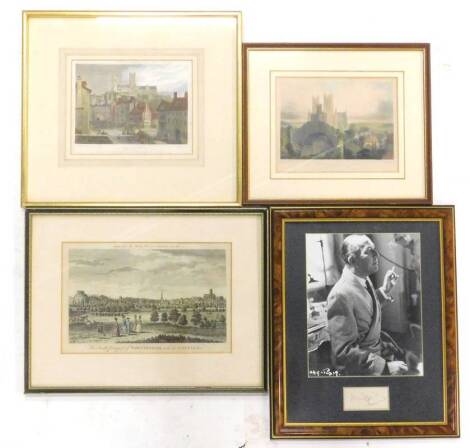 An autograph of Noel Coward, mounted and framed with associated black and white photograph, and three prints.