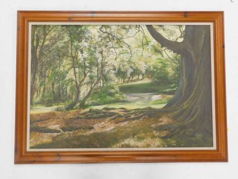 R H Eldred. Forest scene, oil on board, signed and dated 1993, 60cm x 88cm.