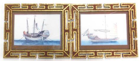 A pair of 20thC Chinese prints, each depicting junks, in elaborate frames, later reproductions, 37cm x 46cm overall.