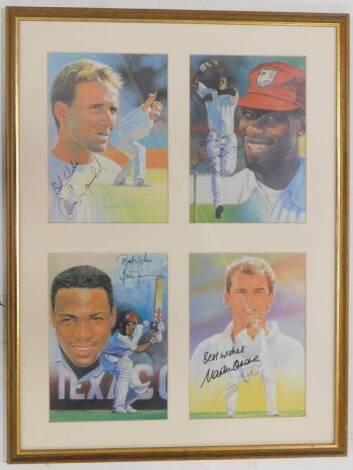 After Rob Perry. A set of signed coloured prints of The Cricketers, Alan Donald, Curtly Ambrose, Brian Lara and Martin Crowe, each 24cm x 16cm.