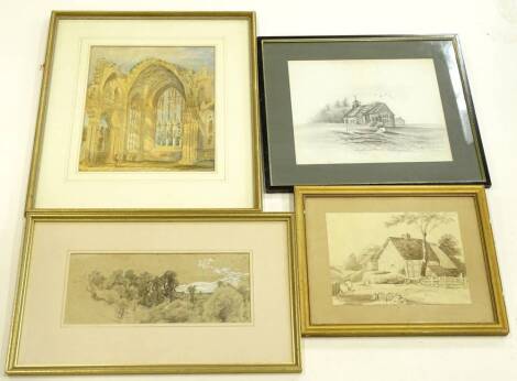 19thC British School. Abbey interior, watercolour, initialled, 30cm x 25cm and three other drawings. (4)