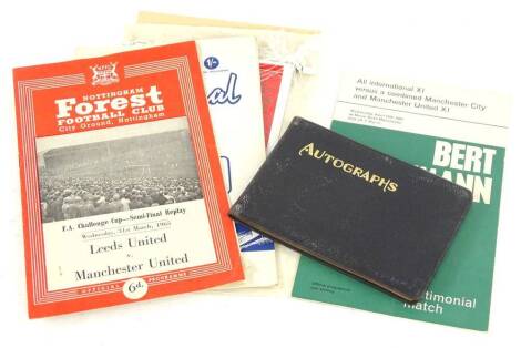 A collection of football memorabilia, to include a single sheet programme for the Manchester United vs BARO Combined services (Germany) 1946 game, a Burtwright (Bert) Trautmann testimonial match programme, semi final Manchester United vs West Ham 1964, se