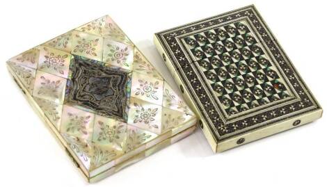 Two Victorian card cases, one engraved mother of pearl with silver coloured cartouche, the other with mosaic decoration, veneered in bone and green coloured wax etc.