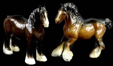 Two Beswick shire horses, one with plaited mane, 21cm H.