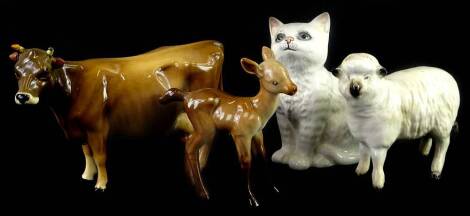 Four Beswick animals, a brown cow (AF), a fawn, a sheep and a cat.