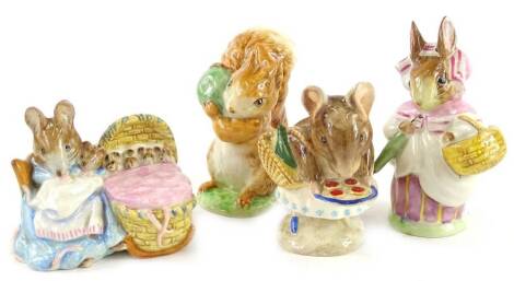 Four Beswick Beatrix Potter figures, Squirrel Nutkin, Mrs Rabbit, Appley Dapply and Hunca Munca, all brown backstamped.