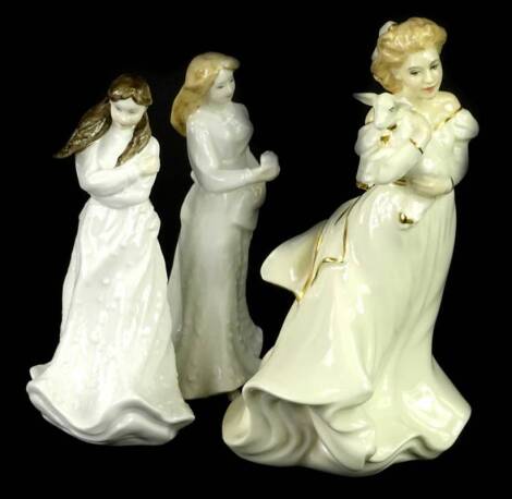 Three Royal Doulton ceramic figurines, Lambing Time, Many Happy Returns and Embrace.