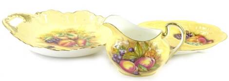 An Aynsley fruit printed two handled dish, a double hors d'oeuvre dish and a milk jug. (3)