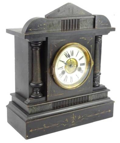 A late 19thC French style ebonised portico type clock, the enamel type dial with Roman numerals, 37cm H.