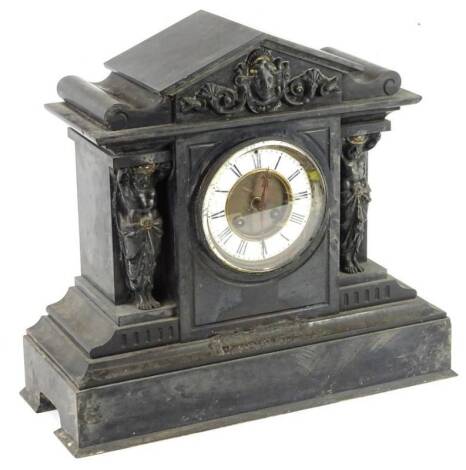 A late 19thC French black slate and gilt metal portico type clock, the enamel dial with Roman numerals, 37cm H.