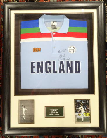 An England World Cup 1992 cricket shirt, signed by Ian Botham and mounted with photographs etc., 90cm x 70cm.