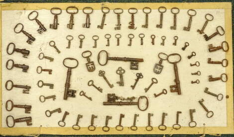 A mounted collection of 19thC and later keys.