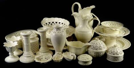 Miscellaneous items of Hartley Green Leeds pottery, to include pierced plates, baskets, teapot, jugs, candlesticks etc.