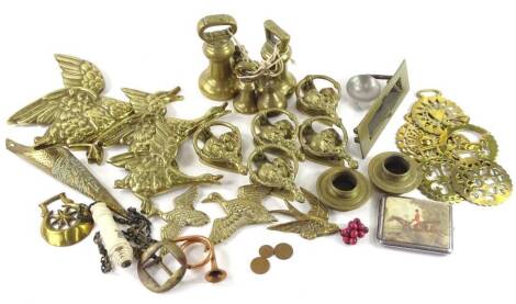 A quantity of metalware, to include bell shaped weights, letterbox, door knockers etc.