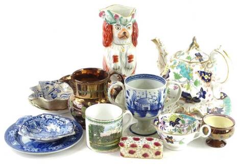 A collection of ceramics, to include a Staffordshire spaniel jug, Victorian porcelain teapot, matching plate etc., two blue and white pickle dishes, an early 19thC Pearlware two handled cup etc. (some pieces AF)