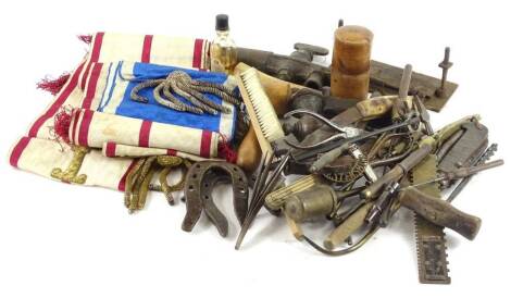 A collection of tools etc., to include screwdrivers, specialist knives, measuring devices and a Masonic type sash.