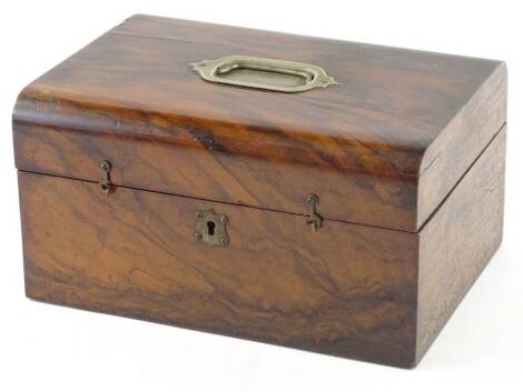 A Victorian walnut jewellery box, the domed lid inset with a silver plated recessed handle, 27.5cm dia.