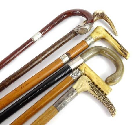 Various horn and antler handled walking sticks, mainly with silver collars, marks indistinct