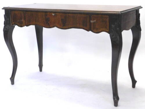 A 19thC Continental rosewood centre table, the rectangular top with a boxwood strung top, above a frieze drawer, on cabriole legs, 116cm W.