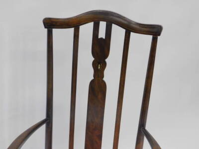 An Edwardian beech boxwood strung and inlaid elbow chair, with a padded seat, on turned tapering legs. - 2