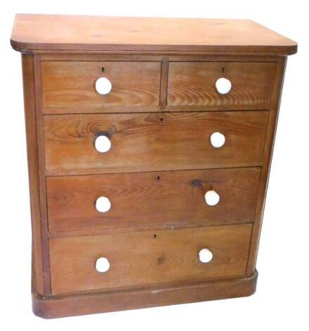 A Victorian stripped pine chest of two short three long drawers, on a plinth base, with ceramic handles, 97cm W.