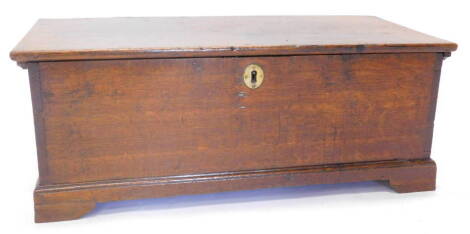 A 19thC oak deeds box, the hinged lid enclosing a vacant interior with single division, on bracket feet, 28cm H, 35cm D, 73cm W.