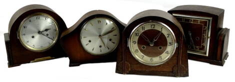 Four oak mantel clocks, to include a Smiths clock with Westminster chime, Enfield clock, an Art Deco clock with wooden face etc. (4) Provenance: This timepiece formed part of Luke Jerram's installation Harrison's Garden, at The Ropewalk Gallery, Barton Up