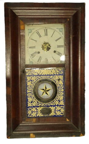 A late 19thC American wall clock, in rosewood case, the painted dial above a verre eglomise panel (AF), 66cm H. Provenance: This timepiece formed part of Luke Jerram's installation Harrison's Garden, at The Ropewalk Gallery, Barton Upon Humber 2019.