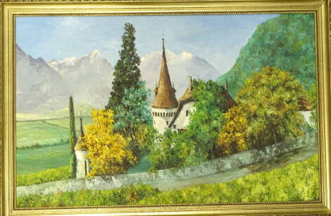 20thC Continental School. Alpine Castle, oil on board, 54cm x 86cm.