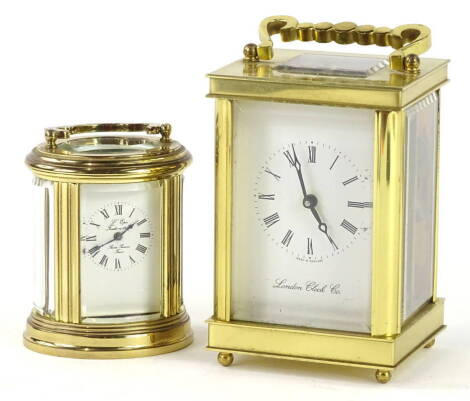 Two modern brass carriage timepieces, one bearing the label for Lepee France, in oval case, the other London Clock Company. (2)