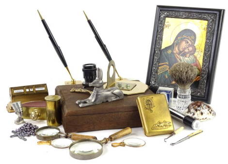 Miscellaneous items, to include an onyx desk stand, gilt metal calendar, a shaving brush, microscope lenses, modern reproduction icon, gilt metal cigarette case decorated with sporting scenes, etc.