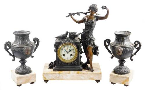 A 19thC French bronze clock garniture, the 9cm Dia. dial fitted in an elaborate case, surmounted by birds aside figure of a scantily clad girl holding tree bough, on a marble base flanked by two urn garniture, with keywind movement, 8-day striking on the