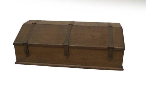 An early 18thC oak Bible box, with sloped top and three iron hinges, 32cm H, 95cm W, 40cm D.