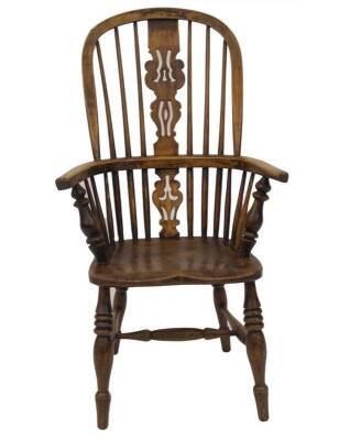 An early 19thC ash and elm high back Windsor chair, with Christmas tree splat, turned supports, burr seat and triple ringed turned forelegs, and H frame stretcher, 62cm W. - 2